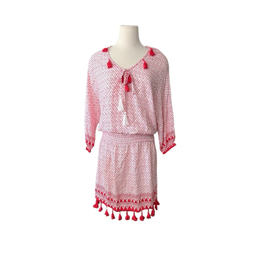 MAZIK Women's Medium Red Geometric Tassel Fringe Smocked Tunic Dress Boho Beach